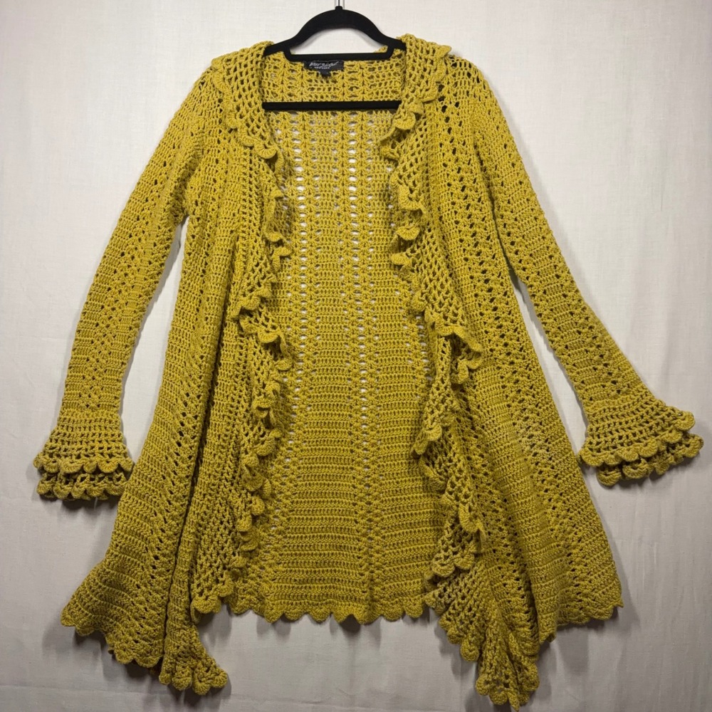 Betsey Johnson Cardigan Women Medium 90s Mustard Yellow Crochet 
Vintage Y2K